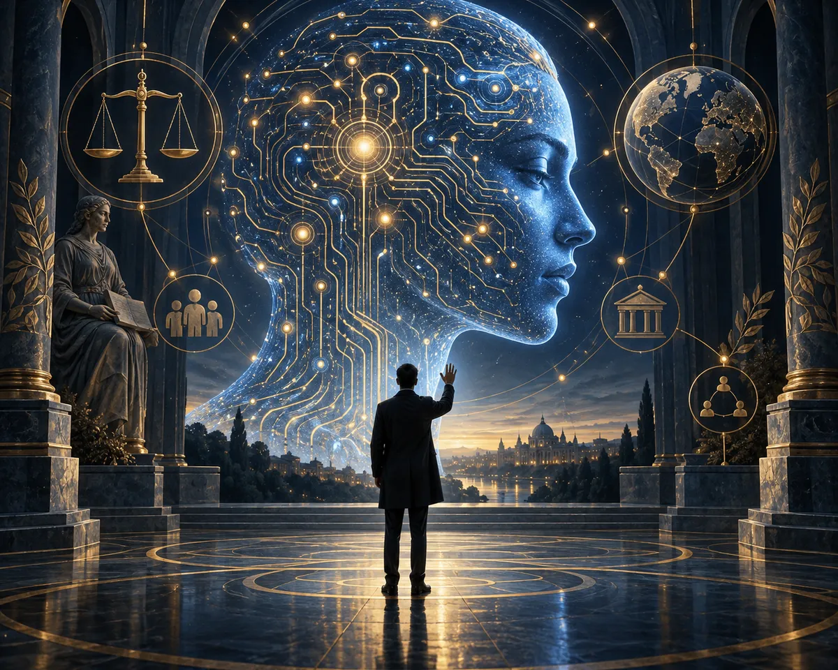 A human observer considers a luminous human profile and networks of responsibility.