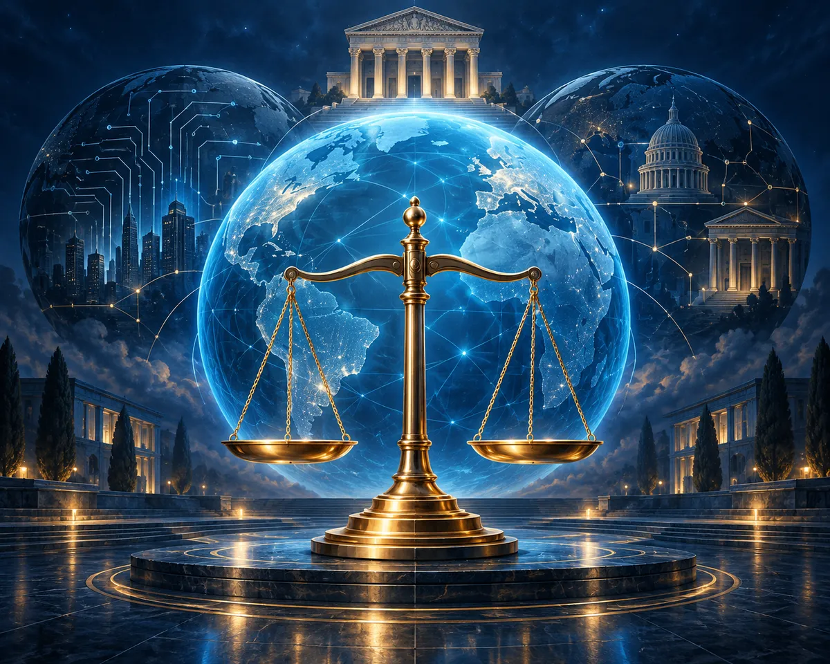 Scales of justice stand before blue globes and institutional structures.