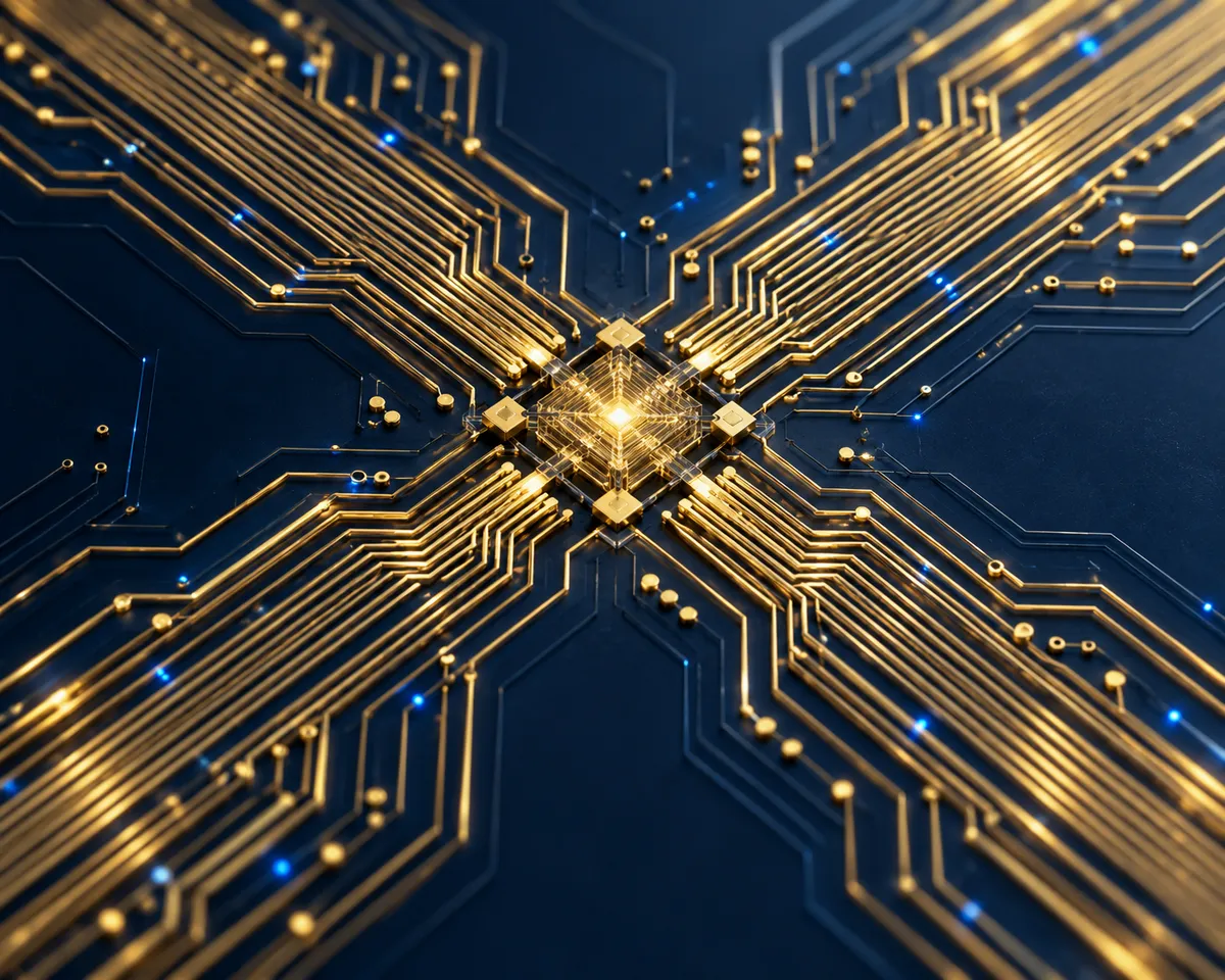 Golden circuit pathways converge into a structured network on a deep blue background.