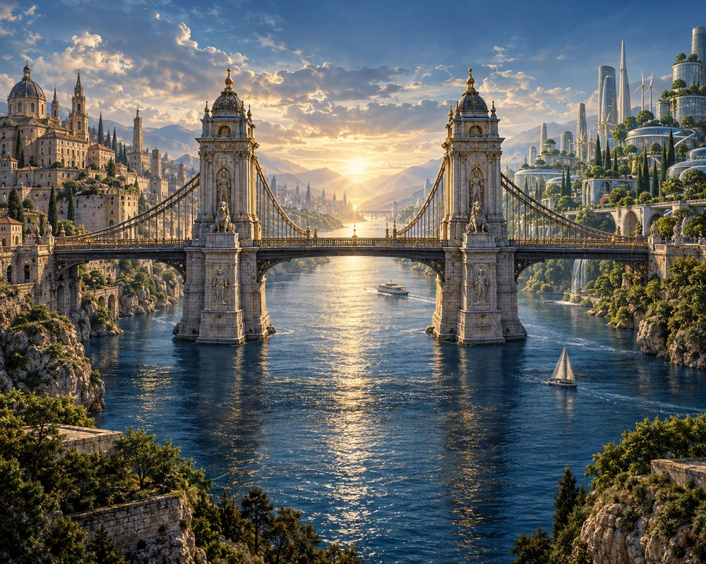 A bridge connects historic architecture and a modern green city across a river.